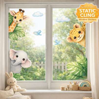 ملصقات نافذة لديكور الغابة القابلة لإعادة الاستخدام - زرافة وفيل وأسد مع أوراق نباتية استوائية وطيور وأنماط سحب، مناسبة لغرف الأطفال والحضانة والنوافذ المطبخ