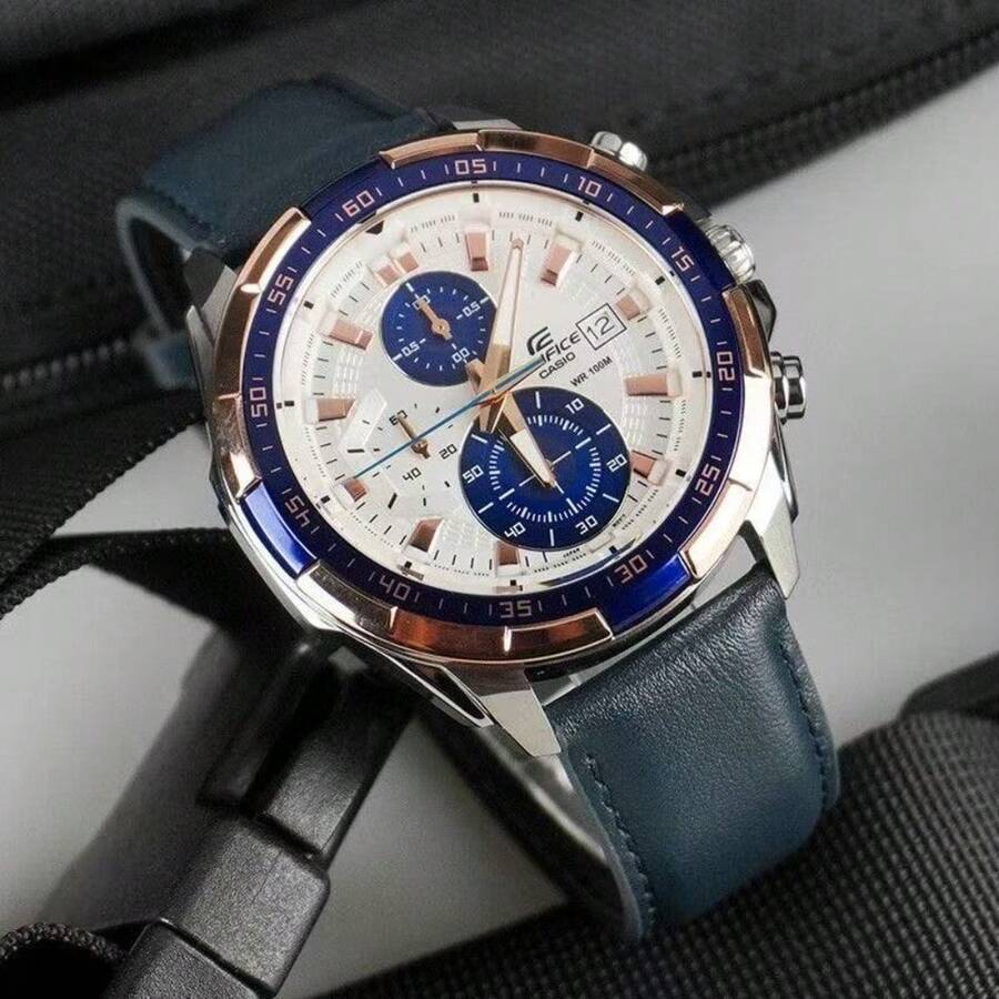 Casio 卡西欧 Edifice EFR-539L 双色金蓝表圈三眼计时石英男士腕表,100米防水,真皮表带,夜光商务运动腕表 - 均碼 - 查看 1