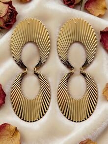 1 Pair Minimalist Metal Smooth Radial Texture Double Circle 8-Shaped Earrings, Suitable For Summer Party Chic Outfit - Yellow Gold - View 2