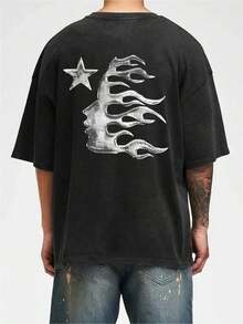 Camiseta de hombre con estampado lavado - Camiseta de verano casual y suelta con diseño de estrella y llama, camisa de cuello redondo de 100% algodón puro marrón para adultos, camiseta transpirable | Ropa casual de vanguardia | Camiseta estampada de 100% algodón puro, camiseta de algodón vintage de cuello redondo - Negro - Ver 3