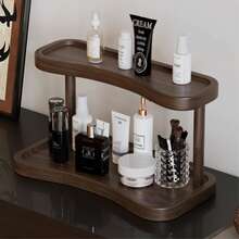 2-Tier Walnut Bamboo Wood Tabletop Storage Rack, Elegant Organizer For Cosmetics, Perfume And Skincare, Perfect For Bathroom, - Brown - View 2