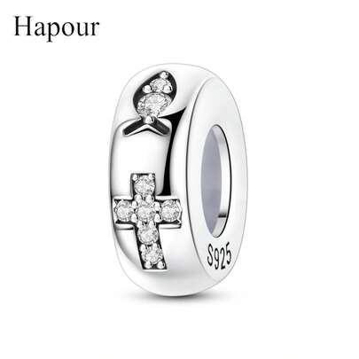 925 Silver Jesus Fish Pattern Cross Stopper Positioning Bead Charm Beads Fits Original Bracelet Necklace Fine DIY Jewelry Gift For Family