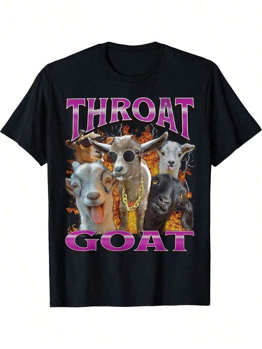 ChristmasShwiy Funny Throat Goat Y2K T-Shirt - Adult Humorous Short Sleeve Black Casual Printed Jersey T-Shirt, Featuring Eye-Catching Purple Lettering And A Cute Goat Graphic, Made From Shiny Fabric, With A Vibrant And Fun Design. Featured Item