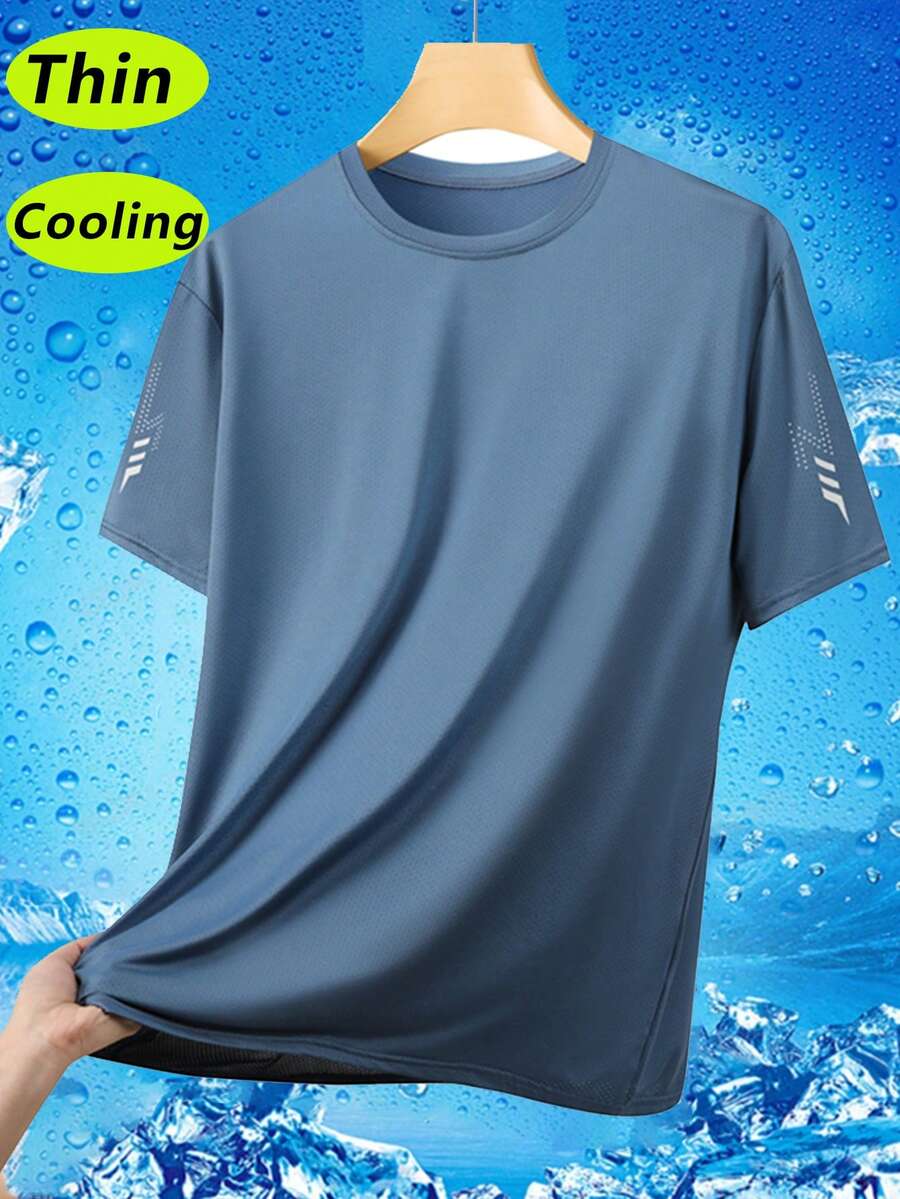 Maglietta leggera e traspirante a maniche corte, asciugatura rapida, design alla moda con stampa sulla spalla, outfit sportivo da uomo alla moda, comoda e traspirante maglietta girocollo, maglietta casual da all'aperto, running e fitness - blu polveroso - Visualizzare 1