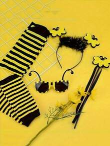 7pcs/Set Bee Party Costume Props, Including Bee Socks, Sleeves, Skirt, Headband, Glasses, Outfit For Party, Stage Performance,Halloween - Yellow - View 2