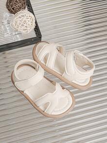 1双男女通用新款PU魔术贴平底可爱凉鞋，柔软防滑，适合儿童沙滩穿着，时尚百搭露趾休闲凉鞋，夏季适用 - 米色 - 查看 5