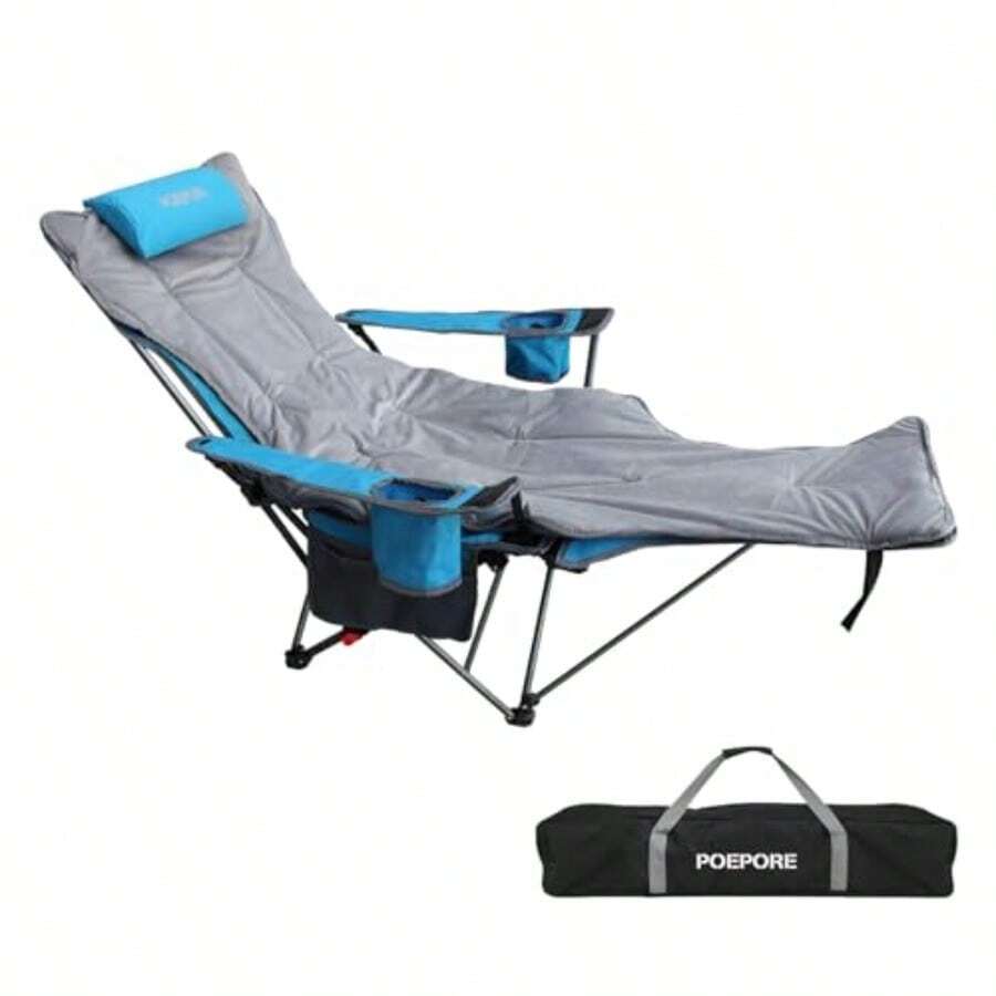 Silla reclinable para acampar con reposapiés extraíble con reposacabezas cojín de algodón sillas plegables portátiles ajustables para adultos color azul - Azul - Ver 1