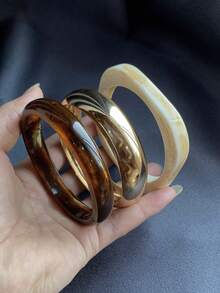 LADYCOCO 3件套复古厚亚克力树脂手链套装，搭配金色金属手链，优雅配饰，适合派对和日常佩戴（图片与实物可能略有差异。请参考详情中的尺寸表选择适合您手腕的尺寸）。 - 彩色 - 查看 4