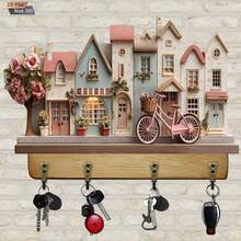 1-Piece Pink Fairy Tale Style Wooden Key Holder With 4 Metal Hooks-Retro Style Wall-Mounted Decorative Storage Rack, Suitable For Home, Villa, Key Wall, And Porch Decoration, Unique Design, Sturdy Structure, Excellent Home Storage Tool - Pink - View 3