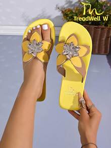 女士凉鞋，新款时尚女鞋，优雅黄色平底拖鞋 - 薑色 - 查看 12