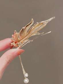 1pc Elegant Alloy Maple Leaf Tassel Crystal Hair Clip, Fashionable Duck Clip Hair Accessory For Women, Claw Clips,Summer,Holiday,Travel - Multicolor - View 5