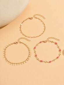 3pcs/Set Gelang Kaki Minimalis Rumbai Bentuk Tetesan Air Mata Buatan Tangan dengan Dekorasi Daun Semanggi Empat Kelopak, Dapat Dipakai Berlapis-lapis, Perhiasan Kaki Warna Emas Cocok untuk Pakaian Sehari-hari dan Pemotretan Kencan, Panjang Rantai Dapat Disesuaikan - MultiWarna - View 2