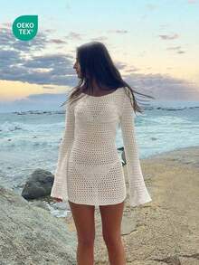 Women's Solid Color Sexy Hollow See-Through Backless Design Long Sleeve Coverup Crop Dress, Suitable For Beach Vacation, Spring/Summer - Milky White - View 2