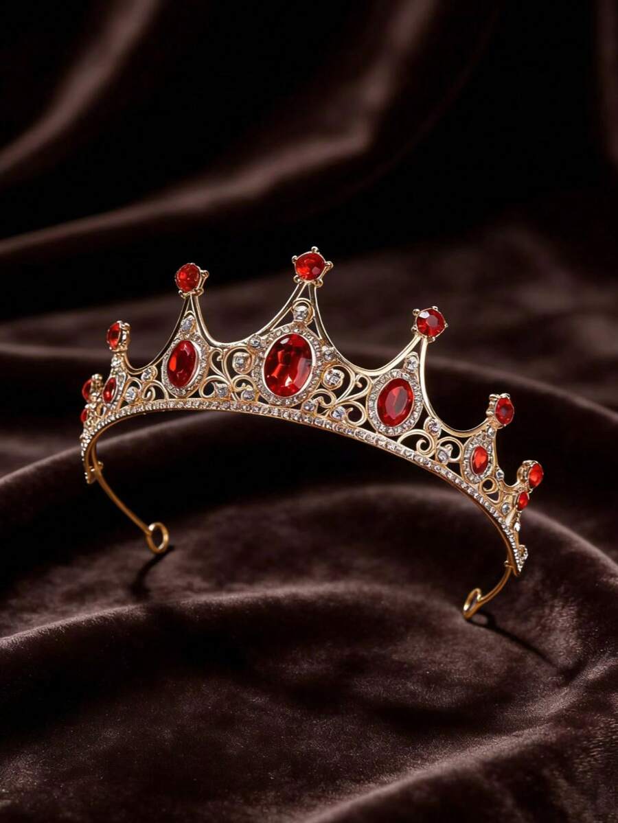 1pc Women's Fashion Princess 3D Crown Rhinestone Headband, Sweet Luxury Birthday Hair Accessory - 4168 Red - View 1