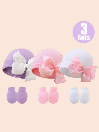3件套粉色新生儿帽子，包含婴儿帽和防抓手套，适合0-3个月新生儿女宝宝，必备单品，包括婴儿帽、针织帽和手套，休闲日常帽