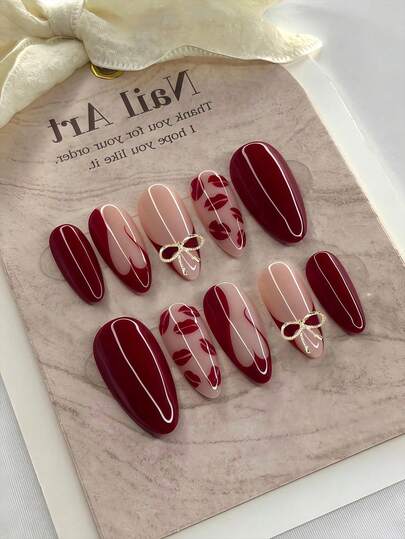 30pcs Medium Length Almond Shaped Bow Design False Nails, Mixed Colors, Includes Jelly Gel And Nail File, Glossy Finish, Women Nail Art Decorations