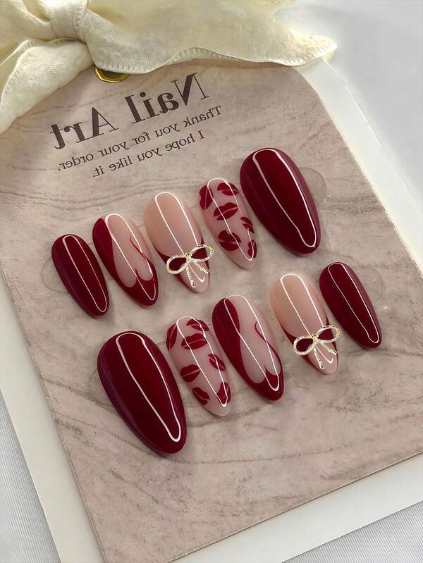 30pcs Medium Length Almond Shaped Bow Design False Nails, Mixed Colors, Includes Jelly Gel And Nail File, Glossy Finish, Women Nail Art Decorations