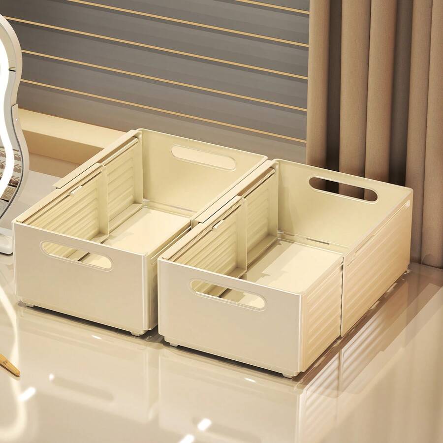 1pc Expandable Plastic Storage Box, Large Capacity Drawer Style Makeup Organizer, Multifunctional Foldable Clothes Storage Basket, Adjustable Length, Foldable For Space Saving, Suitable For Storing Clothes, Toys, Snacks, Cosmetics, Kitchen Spices, Applicable For Wardrobe Organization, Bedroom, Bathroom, Kitchen, Dorm, Room Decor