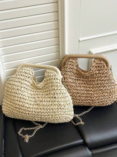 Straw Handbag For Women, Woven Clutch Bag With Metal Chain Strap, Crossbody Capable