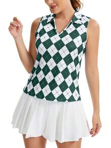 Women's Argyle Print Sleeveless Polo Shirt V-Neck Slim Fit Golf Tennis Athletic Tank Top - 綠白印花 - 查看 3