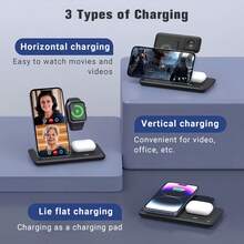 15W Wireless Charging Station, Foldable & Portable, 3-In-1 Fast Charging, USB-C Port, Multi-Color Options - Black - View 6