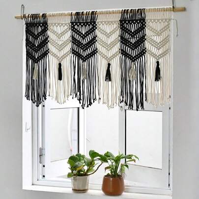 1pc Macrame Wall Hanging, Bohemian Style Fiber Art Curtain Tapestry, Fringe Flag Background Wall Decor, Handwoven For Living Room Bedroom Headboard, Divider Doorway Curtain - Excluding Wooden Rod