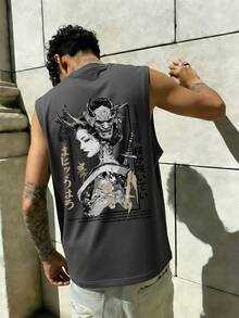 FRACTYR 男士夏季休闲街头卡通赛车图案印花宽松圆领无袖背心 - 深灰色 - 查看 2