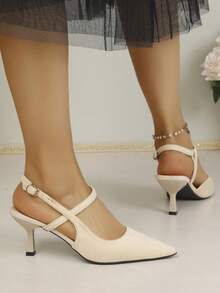 新款女士黑色绒面尖头交叉绑带露跟中跟凉鞋，优雅办公鞋 - 杏色 - 查看 11