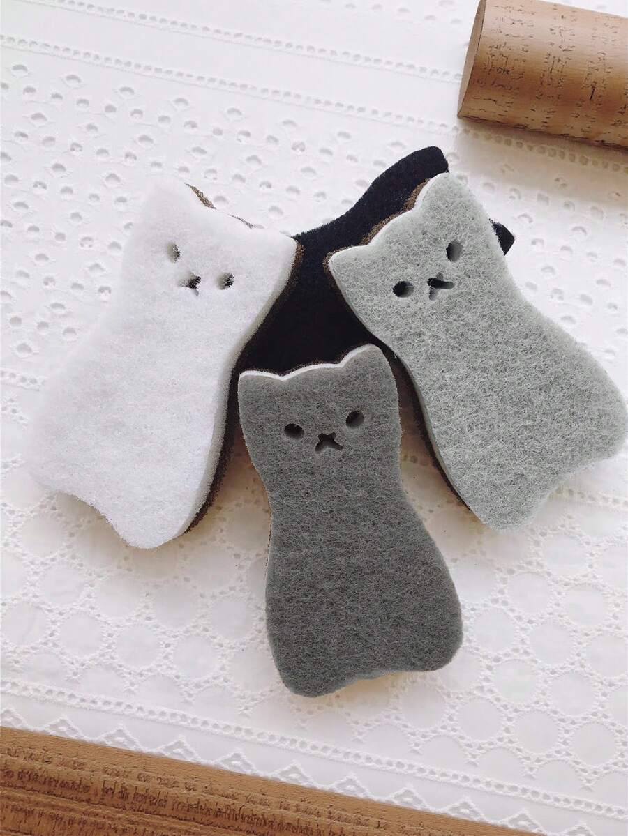 4pcs Cat Shaped Sponge Scrubbers, Cartoon 3-Layer Dish Washing Sponge, Cleaning Sponge Pads, Kitchen Cleaning Sponge Blocks