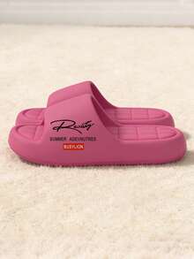 Unisex Thick-Sole Slide Sandals – Minimalist Letter Print Design, One-Piece EVA Soft Non-Slip Shock-Absorbing Sole, Quilted Texture Cloud-Like Comfort, Dual-Use For Home & Outdoor Wear, Fashion Slide Slipper Item - Hồng đỏ - Xem 4