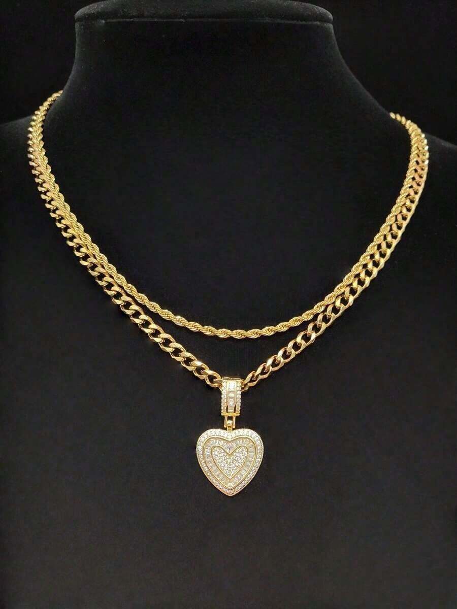 2pcs/Set - 1pc Cubic Zirconia Heart Pendant & 2pcs Stainless Steel Necklaces, Women's Hip Hop Pendant Necklace, Fashionable Retro Pendant Necklace, Suitable For Daily Wear Or Parties, Valentine's Day Gift 1YNA - 黃金 - 查看 1