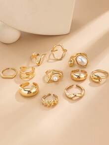 1 Set Of 11pcs Exaggerated Faux Pearl Adjustable Rings, Vintage Creative Asymmetrical Liquid Geometric Lava Ring Set, Suitable For Women's Daily, Vacation, Party Wear - Gold - View 4