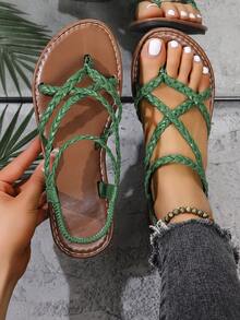 女士编织交叉趾环凉鞋，优雅、时尚、波西米亚风、休闲、性感，夏季PU皮平底凉鞋 - 綠色 - 查看 1