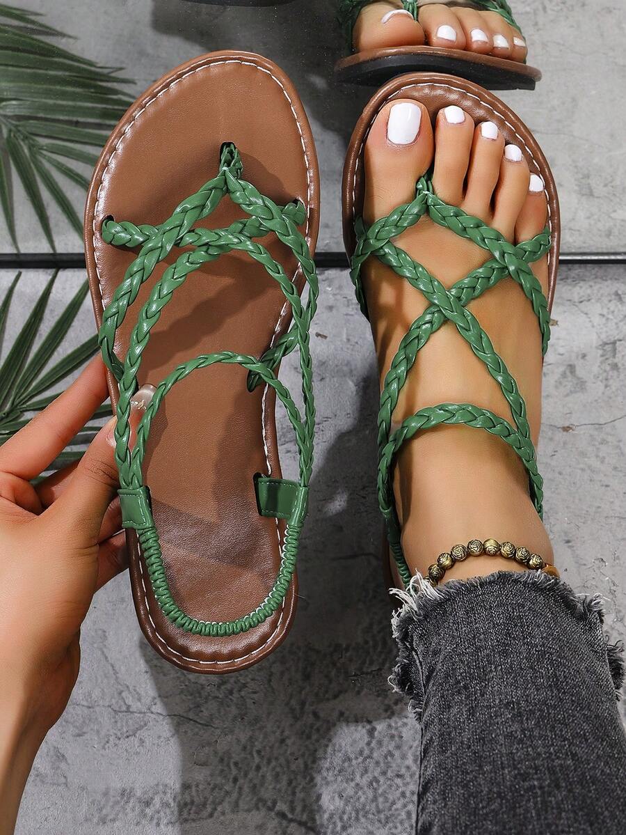 女士编织交叉趾环凉鞋，优雅、时尚、波西米亚风、休闲、性感，夏季PU皮平底凉鞋 - 綠色 - 查看 1