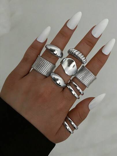 8pcs/3pcs Vintage Elegant Bohemian Casual Style Silver Rings, Including Wide Face Smooth Texture Open Design, Suitable For Daily, Party, Holiday Wear, Gift