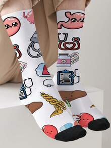 1-Pack 360-Print Nurses' Day Themed Socks – All-Season Unisex Novelty Socks, Fashionable Streetwear Style Crew Socks - Multicolor - View 8