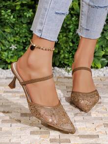 2026春季新款中国风白色高跟穆勒鞋，女士尖头蕾丝刺绣套脚凉鞋，优雅女士高跟鞋，适合优雅派对和婚礼场合 - 棕色 - 查看 3