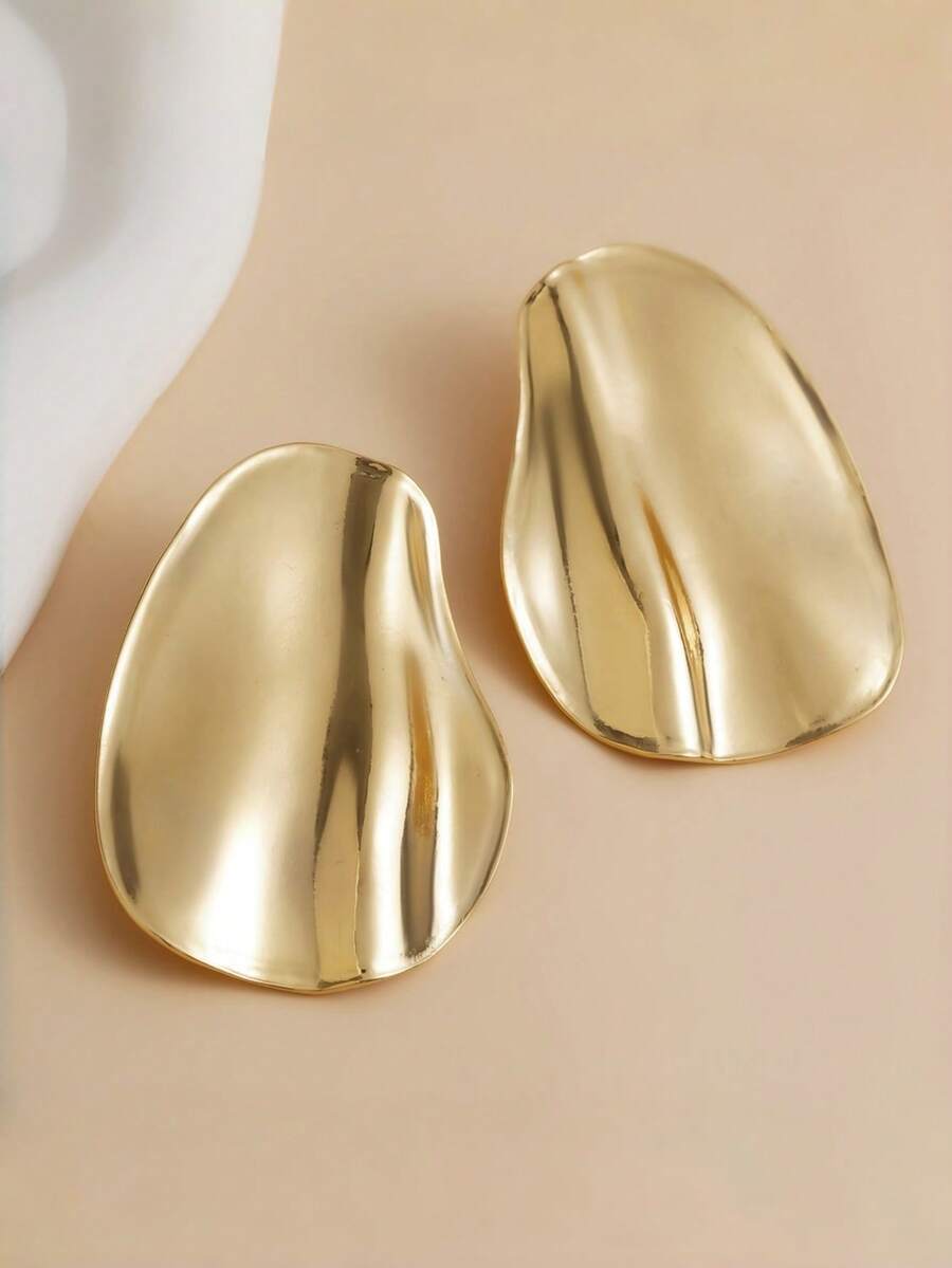 一对形状不规则的金黄色椭圆形耳钉 - 金色 - 查看 1
