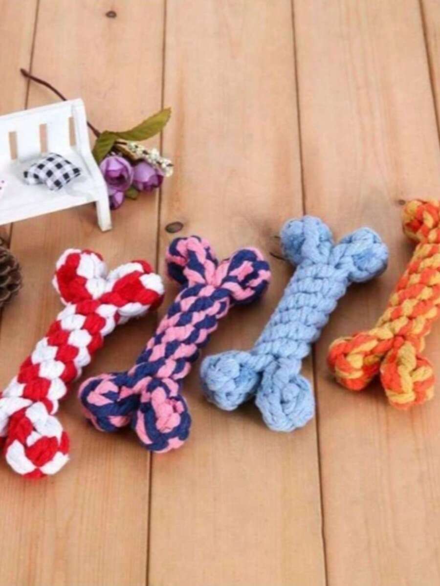 棉绳骨头形状狗狗磨牙玩具，编织无异味，狗狗牙齿清洁耐用磨牙玩具 - 彩色 - 查看 1