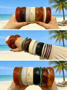 Vintage Elegant Retro Beach Vacation Style Random 9-1 Pc Creative High-End Transparent Printed Resin Acrylic Tie Dye Asymmetric Stacked Bracelet Set, Personalized Minimalist Fresh Sweet Y2K Luxury Quality Bracelet Suitable For Women Men Beach Vacation Party Date Daily Wear, Mother's Day Anniversary Gift Choice (Random Style Shipped) - Multicolor - View 2