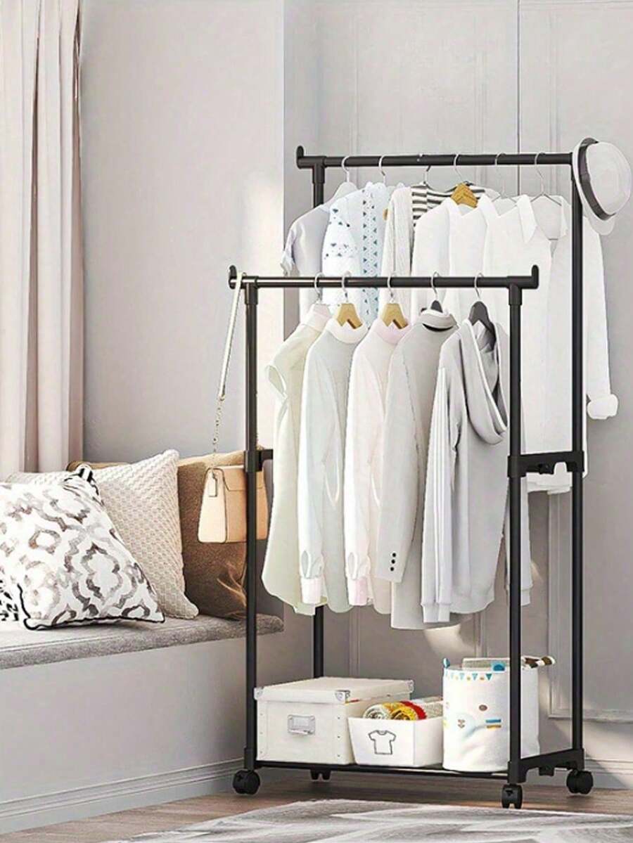 1pc Adjustable Double-Bar Multi-Tier Clothing Rack - Freestanding Metal Garment Organizer With Shelves And Side Hooks, Easy To Move, Suitable For Home Storage, Bedroom, Closet, Retail Store Organization, Sturdy Frame Structure - Multicolor - View 1
