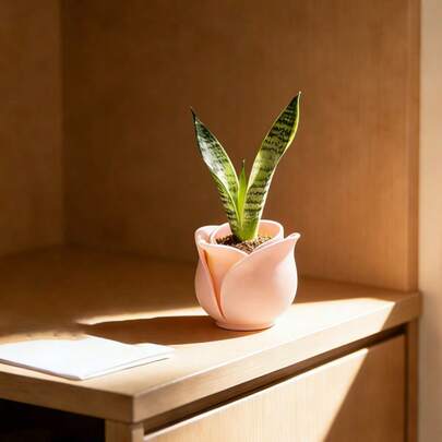 1个玫瑰花盆 - 3D打印塑料材质，红/粉色玫瑰，花瓣细节柔和，带排水孔，适合摆放在复古风格的书桌、阳台、多肉植物盆栽，母亲节装饰礼物，情人节桌面摆件，阳台装饰