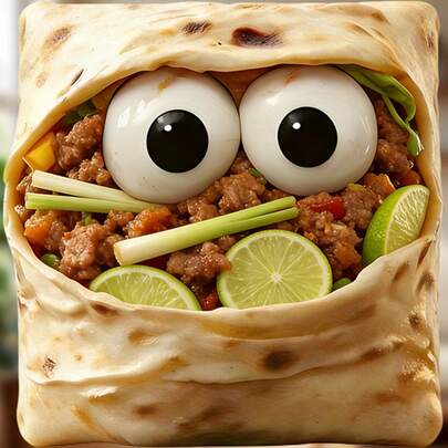 Latin-Style Spicy Beef & Lime Wrapped Companion With Cilantro Magnet: The Filling Is Spicy Beef And Fresh Lime, With Large Cartoon Eyes And A Baked Wrapped Texture, Asymmetrical Square Shape With Sticker Edges - A Lively And Cute Little Fridge Companion