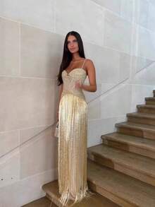 Mingyuan's Light Luxury Temperament Elegant Banquet Party Women's Sexy Tassel Backless Suspender Sequin Studded Tassel Dress Long - 杏色 - 查看 4