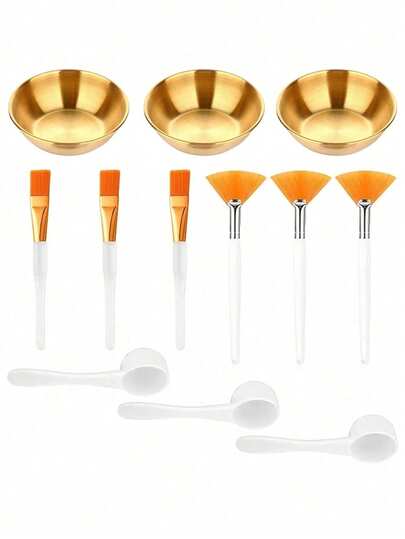 2/3/4/12pcs Beauty Therapist Facial Care Tool Set, Including 3 Mixing Bowls, 3 Powder Fans, 3 Makeup Brushes, And 3 Measuring Spoons, Cosmetic Mask Mixing Tools For Ladies, Portable Professional Makeup Tools, Durable Nylon Bristles, Suitable For Makeup Artists And Beauty Enthusiasts