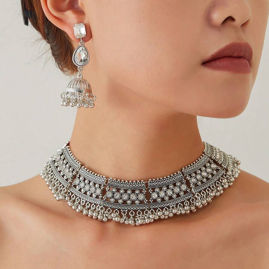Bộ trang sức nữ gồm 1 bộ dây chuyền tua rua đính đá pha lê và ngọc trai giả kiểu Bohemian, cùng 1 đôi bông tai tua rua hình học đính pha lê, thích hợp đeo hàng ngày, dự lễ hội, tiệc tùng, làm quà tặng. - Hồng - Xem 1