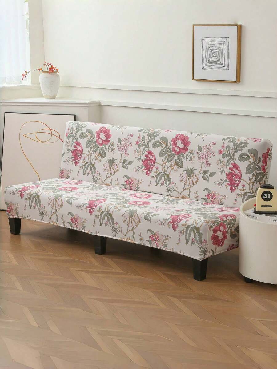Vỏ bọc ghế sofa giường không tay vịn, in họa tiết, chất liệu polyester co giãn toàn diện, dệt kim từ lụa sữa, phù hợp cho mọi mùa. - Hồng - Xem 1