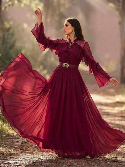 Elegant Women's Long Sleeve Stand Collar Tie-Waist Ruffle Hem Bell-Sleeve Woven Dress With Belt, Perfect For Parties Or Romantic Occasions Party