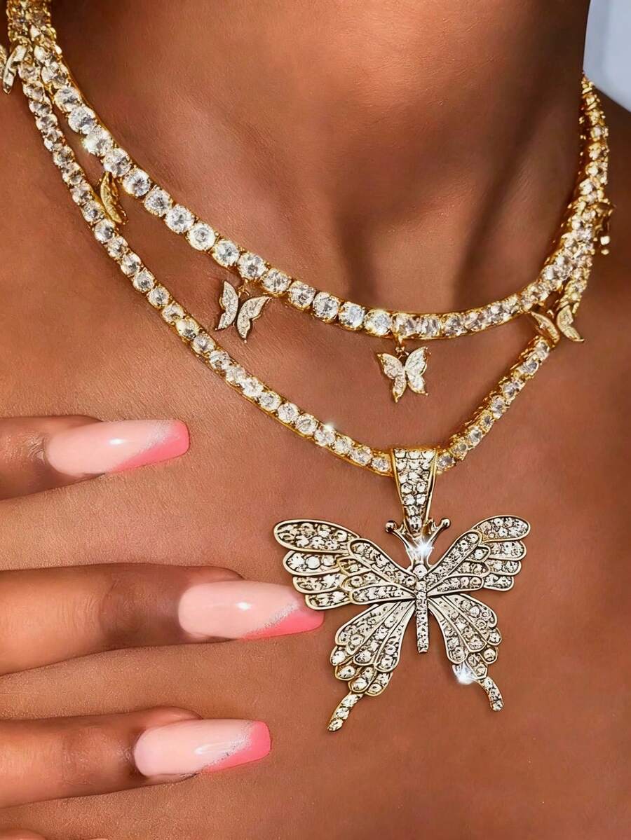 2pcs Retro Exaggerated Rhinestone Butterfly Necklaces, Unisex Hip-Hop Punk Fashion Accessories - Multicolor - View 1