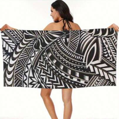 Khăn tắm biển Polynesian Hawaiian Samoan - Chất liệu microfiber siêu mềm, nhanh khô, họa tiết hình học đen trắng hiện đại, vải dệt kim bền chắc, thích hợp cho bãi biển, hồ bơi, phòng tập thể dục và du lịch - Nhẹ và thấm hút tốt, phụ kiện bên hồ bơi | Vải nhanh khô, chăn trải biển.